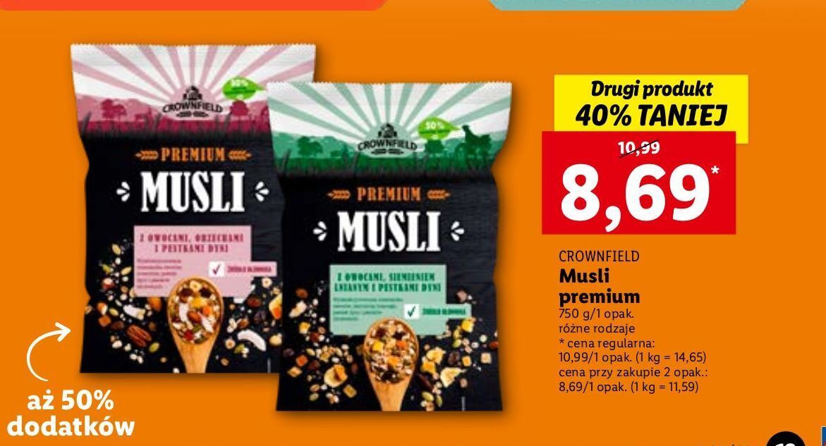 Promocja Musli premium z owocami orzechami i ziarnami crownfield w Lidl