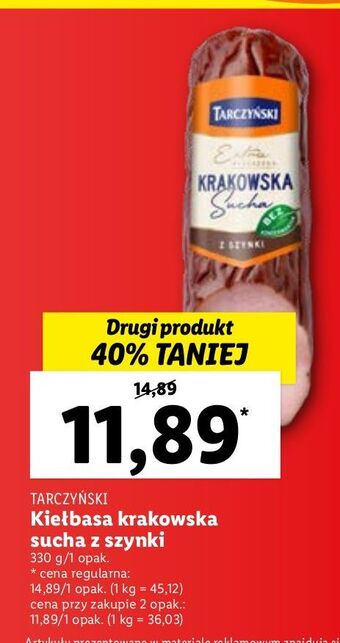Lidl Kiełbasa krakowska sucha z szynki tarczyński oferta