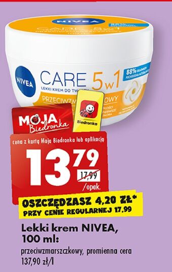 Biedronka Krem do twarzy lekki przeciwzmarszczkowy nivea creme care oferta