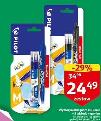 Auchan Pióro kulkowe + 3 wkłady czarne gumka pilot frixion oferta