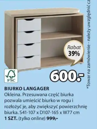 JYSK Biurko Langager Okleina. Przesuwana część biurka 107-165x77 x41-107 cm oferta