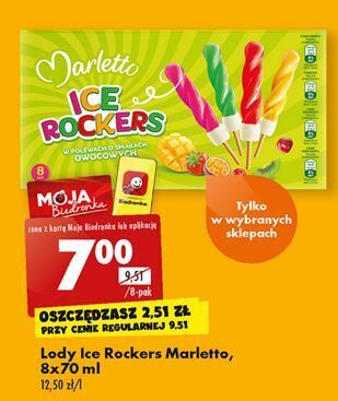 Biedronka Lód waniliowy w polewie kiwi x2 + mango-marakuja truskawka wiśnia marletto ice rockers oferta