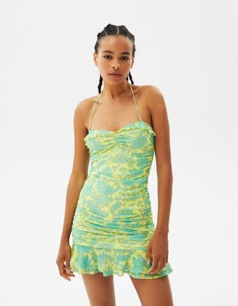 Bershka Marszczona tiulowa sukienka mini z dekoltem halter oferta
