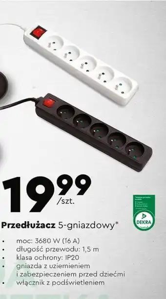 Biedronka Przedłużacz 5-gniazdowy moc 3680 W, 16 A oferta