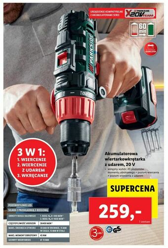 Lidl Akumulatorowa wiertarkowkrętarka z udarem, 20 V oferta
