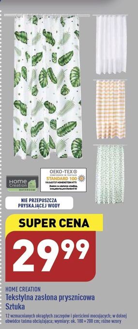 ALDI Zasłona prysznicowa 180 x 200 cm home creation oferta