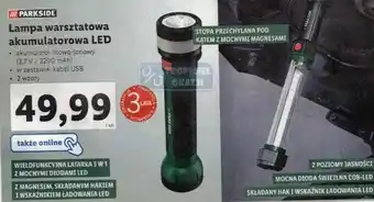 Lidl Parkside, lampa warsztatowa akumulatorowa LED, akumulator litowo-jonowy (3,7V / 2200 mAh), w zestawie kabel USB, 2 wzory oferta