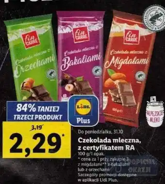 Lidl fin carre, czekolada mleczna, z certyfikatem RA, 100g/1opak., cena za 1 przy zakupie 3 z migdałami, z bakaliami lub z orzecha oferta