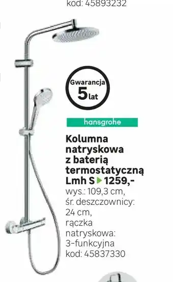 Leroy Merlin Kolumna natryskowa z baterią termostatyczną Lmh S oferta
