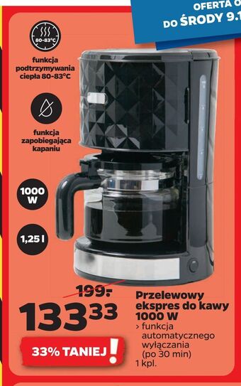 Przelewowy ekspres do kawy 1000 w 1,25 L, funkcja automatycznego wyłączania po 30 minutach