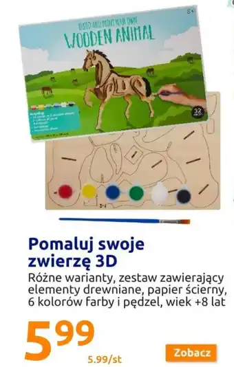 Action Pomaluj swoje zwierzę 3D różne warianty, zestaw zawierający elementy drewniane, papier ścierny, 6 kolorów farby i pędzel, oferta