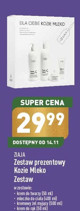 ALDI Zestaw w pudełku kozie mleko mydło pod prysznic 500 ml + mleczko do ciała 400 krem odżywczo-wygładzający 50 rąk ziaja oferta