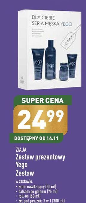 ALDI Zestaw yego krem nawilżający 50 ml + balsam po goleniu 75 antyperspirant roll-on 60 żel pod prysznic 300 ziaja oferta