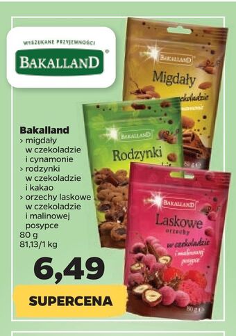 Netto Bakalland migdały w czekoladzie i cynamonie, rodzynki w czekoladzie i kakao, orzechy laskowe w czekoladzie i malinowej 80 g oferta