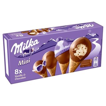 Dino Milka mini lody o smaku waniliowym z kawałkami czekolady mlecznej w polewie 200 ml (8 x 25 ml) oferta
