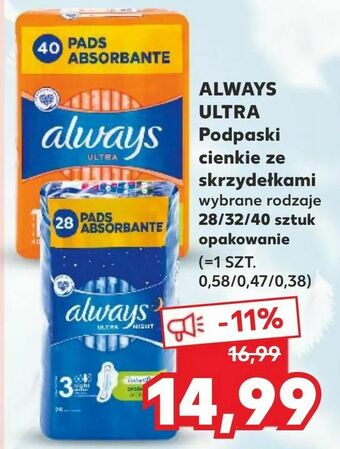 Kaufland ALWAYS ULTRA Podpaski cienkie ze skrzydełkami oferta