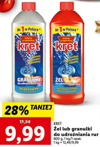 Lidl KRET Żel lub granulki do udrożniania rur 800g, 1kg/1 opak. oferta