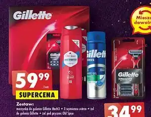 Biedronka Zestaw w pudełku: maszynka mach3 turbo + dodatkowe ostrze + pianka series sensitive 250 ml + żel pod prysznic old spice origi oferta