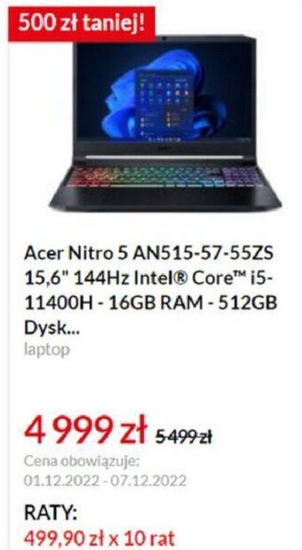 RTV EURO AGD Acer Nitro 5 AN515-57-55ZS 15,6" 144HZ Intel Core i5-11400H 16GB RAM 512GB SSD oferta