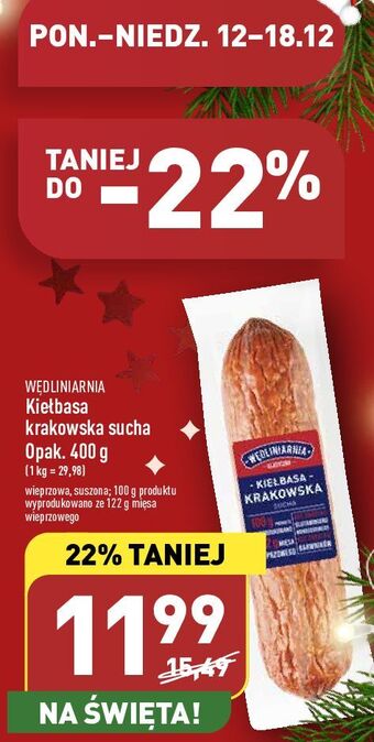 ALDI Kiełbasa krakowska sucha wędliniarnia classic oferta