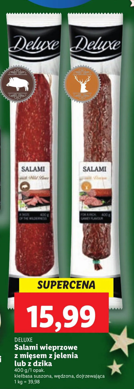 Promocja Deluxe Salami wieprzowe z mięsem z jelenia lub z dzika 400g w Lidl