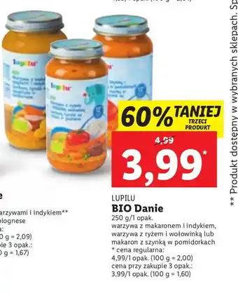 Lidl Lupilu BIO Danie 250g/1 opak. warzywa z makaronem i indykiem, warzywa z ryżem i wołowiną lub makaron z szynką w pomidorach oferta