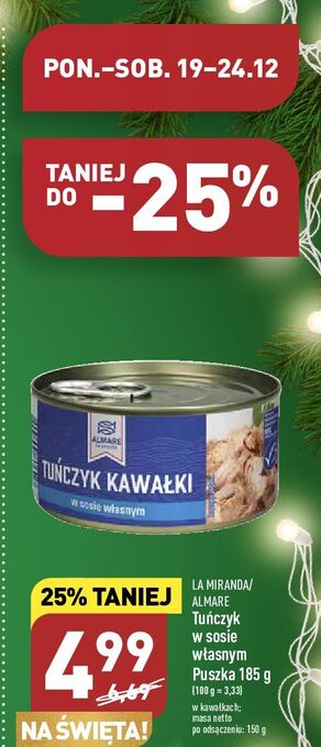 ALDI Tuńczyk kawałki w sosie własnym almare seafood oferta