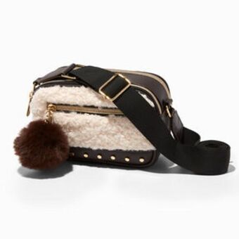 Claire's White sherpa & brown camera style crossbody bag oferta