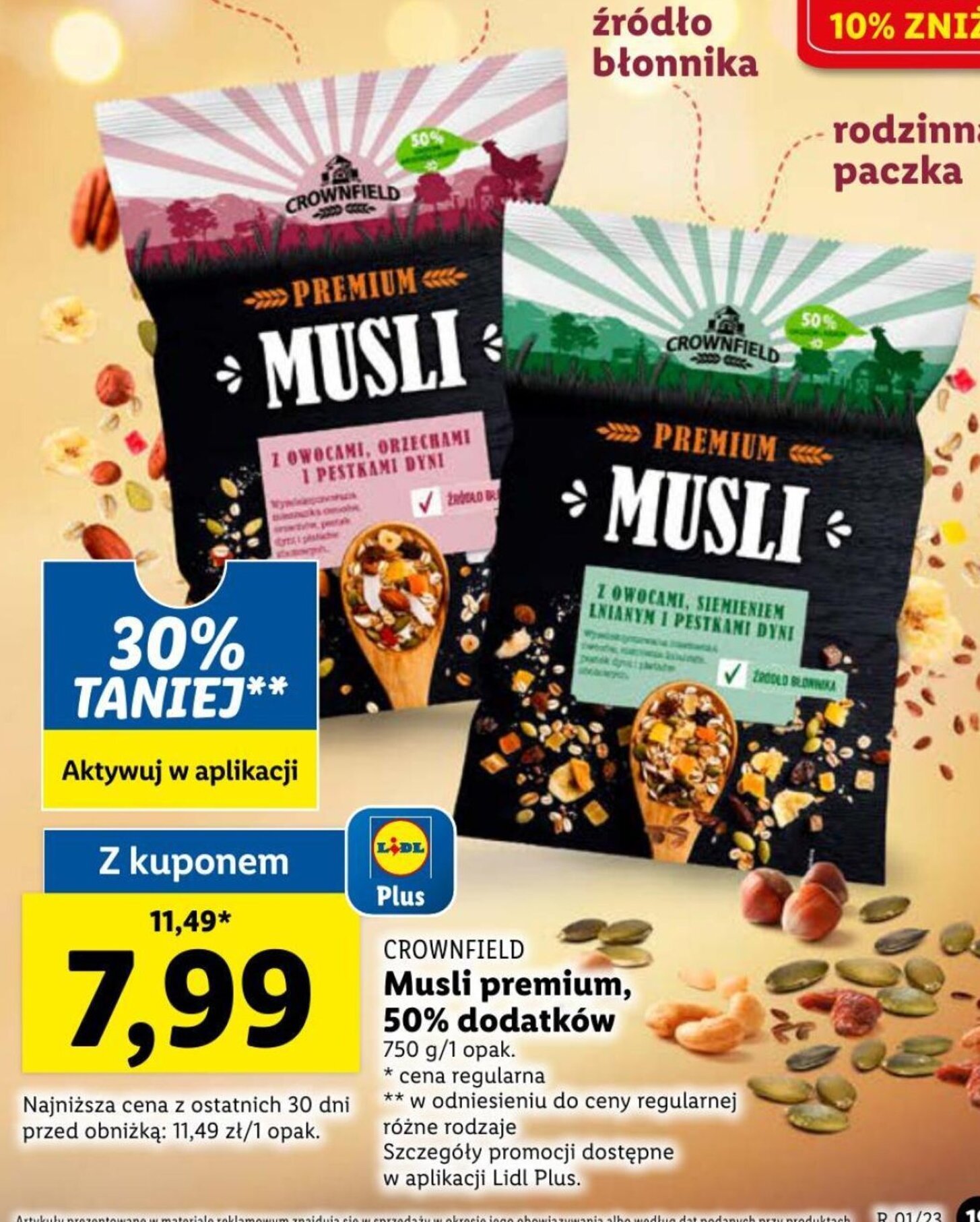 Promocja Crownfield Musli premium, 50 dodatków 750g w Lidl