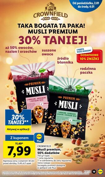 Lidl Musli premium z owocami, siemieniem lnianym i nasionami dyni crownfield oferta