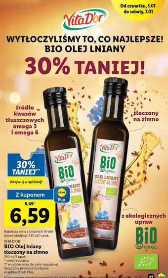 Lidl Olej lniany bio vita d'or oferta