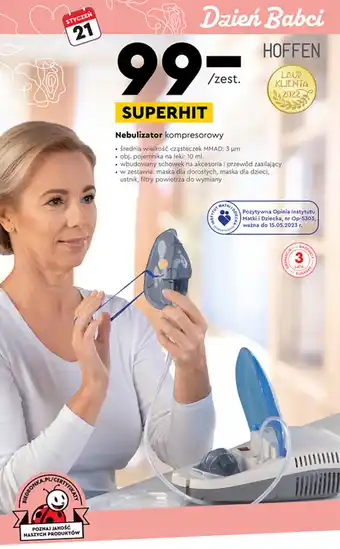 Biedronka Hoffen Nebulizator kompresorowy, średnia wielkość cząsteczek MMAD: 3um, obj. pojemnika na leki: 10ml, wybudowany schowek na oferta