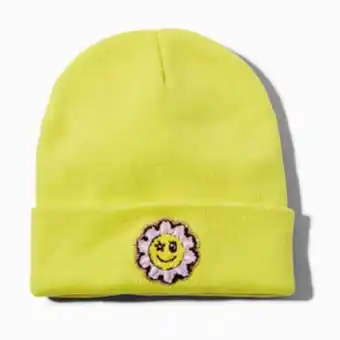 Claire's Daisy happy face neon yellow beanie hat oferta