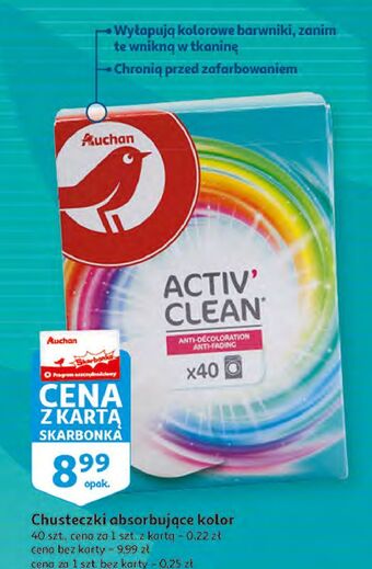Auchan Chusteczki absorbujące kolor w praniu activ' clean auchan różnorodne (logo czerwone) oferta