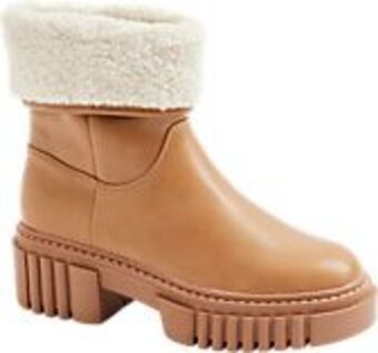 Deichmann Jasnobrązowe botki damskie z białym futerkiem oferta