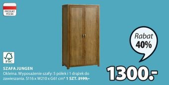 JYSK Jungen Szafa Okleina. Wyposażanie szafy; 5 półek i 1 drążek do zawieszania. S116xW210xG61cm oferta