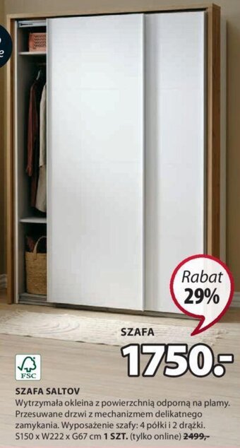JYSK Saltov Szafa, Wytrzymała okleina z powierzchnią odporną na plamy. Przesuwane drzwi z mechanizmem delikatnego zamykania. Wypo- oferta