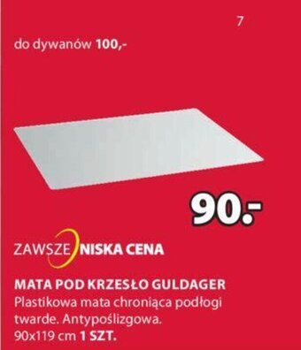 JYSK Guldager Mata pod krzesło, Plastikowa mata chroniąca podłogi twarde. Antypoślizgowa. 90x119cm, szt. oferta