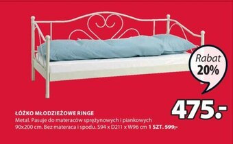 JYSK Ringe Łóżko Mlodzieżowe. Metal. Pasuje do materaców sprężynowych i piankowych, 90x200cm. Bez materaca i spodu. S94xD211xW96cm oferta