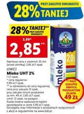 Lidl Łowicz Mleko UHT 2% 1 l/1 opak oferta