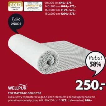 JYSK Wellpur Topmaterac Gold T30 Luksusowy topmaterac o gr.4,5cm z rdzeniem z redukującej napięcie pianki termoelastycznej AIR oferta