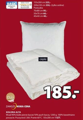 Alta Kołdra Wsad 90% białe pierze  kacze/10% puch kaczy, 1200g. 100% bawełniane poszycie. Puszystość 200. Pranie 60 stopni