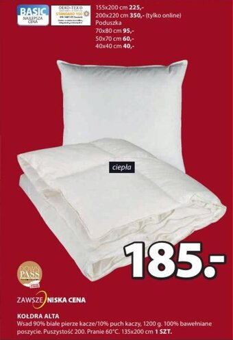 Alta Kołdra Wsad 90% białe pierze kacze/10% puch kaczy, 1200g. 100% bawełniane poszycie. Puszystość 200. Pranie 60 stopni