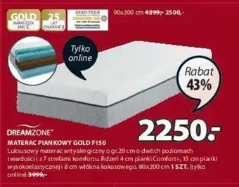 JYSK Dreamzone Materac Piankowy Gold F150 Luksusowy materac antyalergiczny o gr.28cm o dwóch poziomach twardości i z 7 strefami oferta