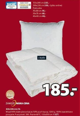 Alta Kołdra Wsad 90% białe pierze kacze/10% puch kaczy, 1200g. 100% bawełniane poszycie. Puszystość 200. Pranie 60 stopni