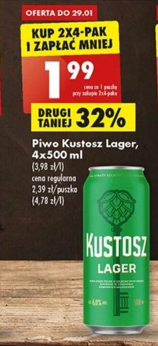 Biedronka Kustosz Piwo lager 4x500ml oferta