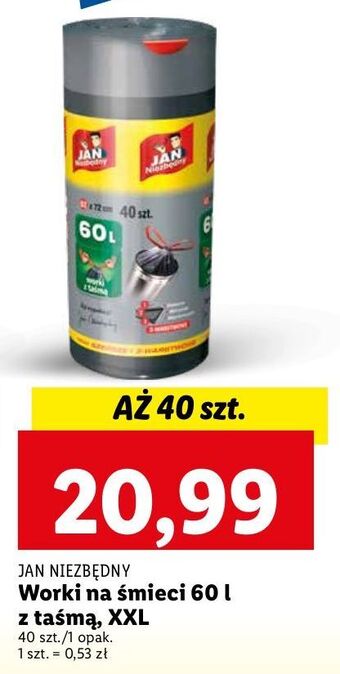 Lidl Worki na śmieci z taśmą 60 l jan niezbędny oferta