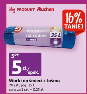 Auchan Worki na śmieci z taśmą 35 l auchan oferta