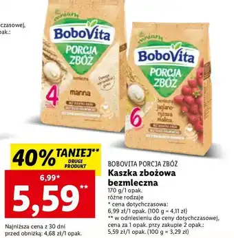 Lidl Kaszka manna bezmleczna bez dodatku cukru bobovita porcja zbóż oferta