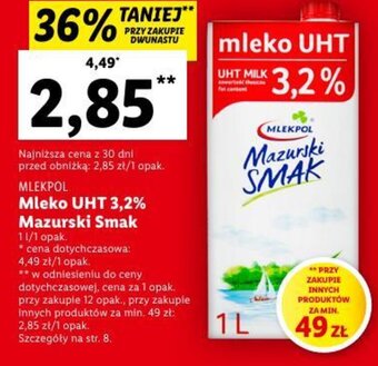 Lidl Mlekpol Mleko UHT 3,2% Mazurski Smak 1l oferta